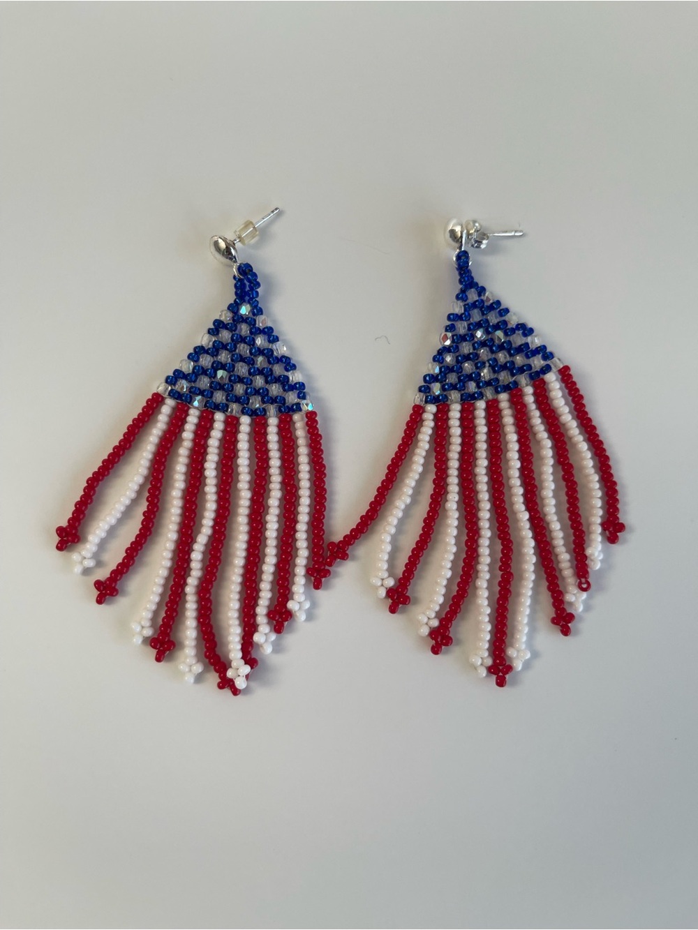 Handmade Beaded Fringe Earrings - Red, White & Blue